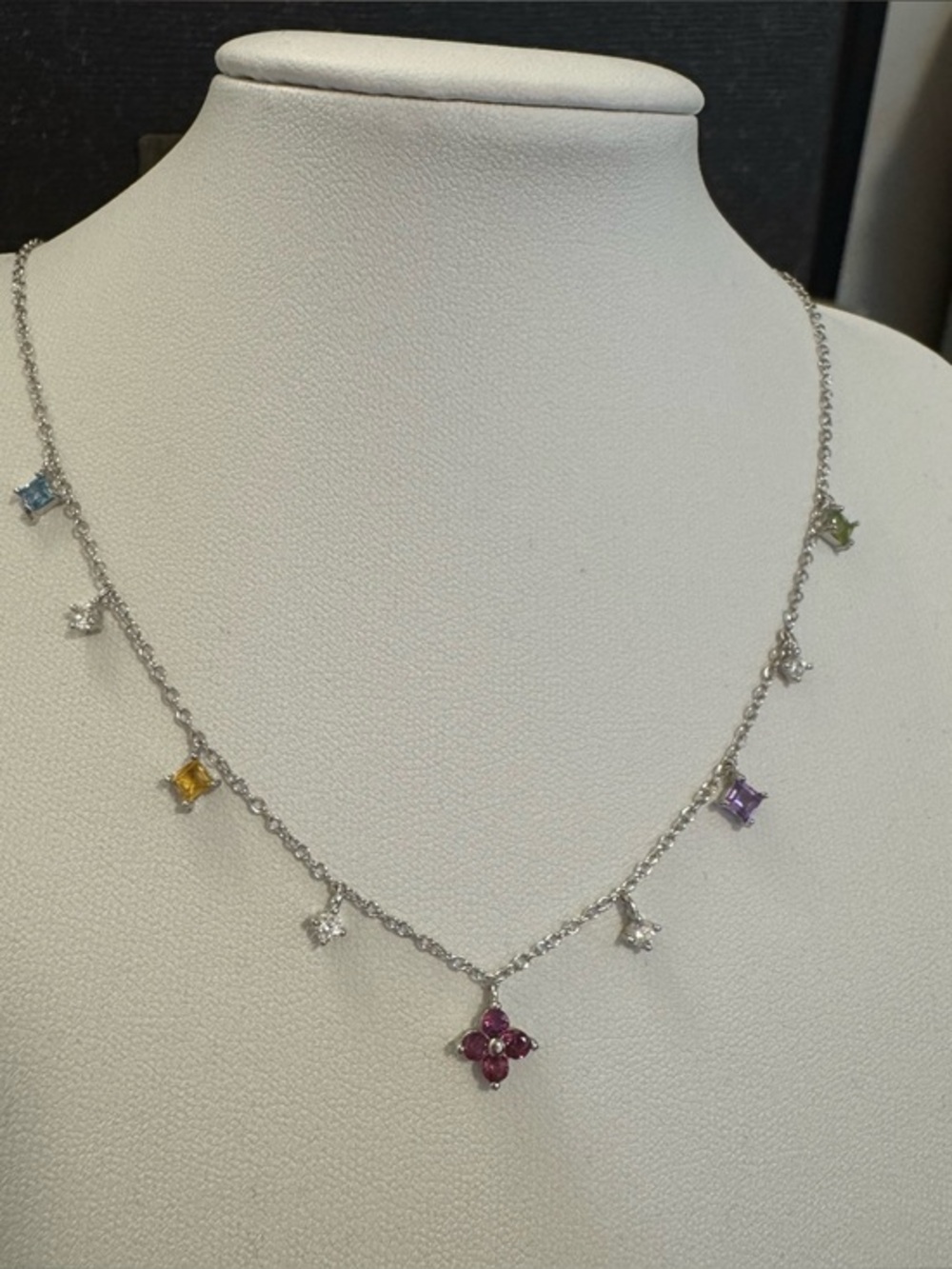 925 Tourmaline necklace station multicolour purple pink silver clover flower